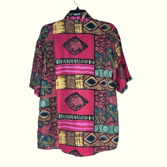 VTG STUNT COLLECTIONS Abstract Pattern Short Sleeve 100% Silk Shirt Women's L - Picture 5 of 16